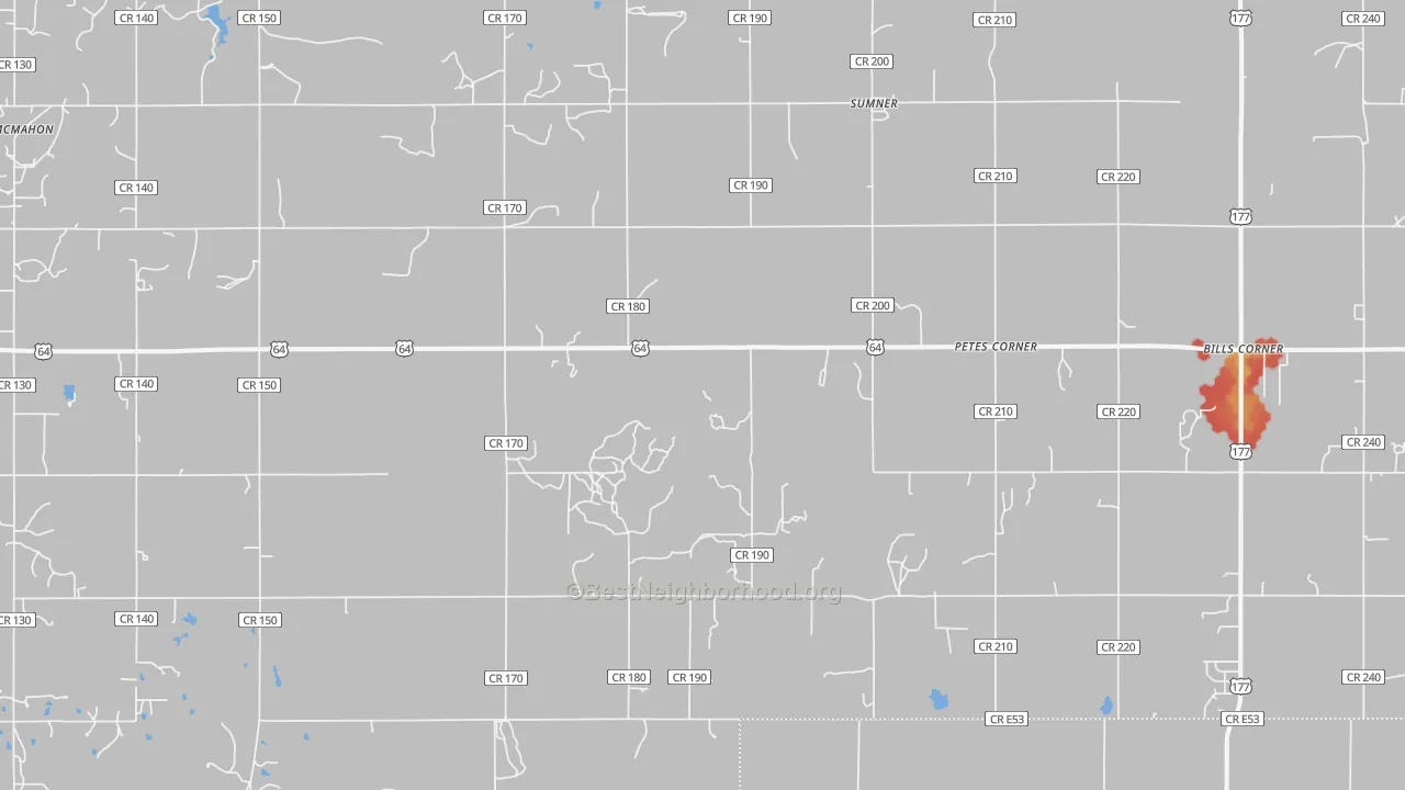 Walk Grade map of Sumner, OK, walkable areas in green and car-dependent areas in red