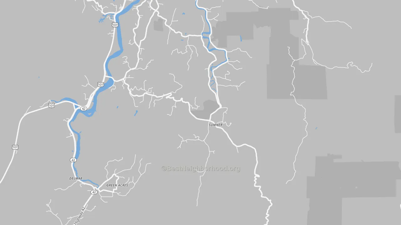 Walk Grade map of Sumner, OR, walkable areas in green and car-dependent areas in red