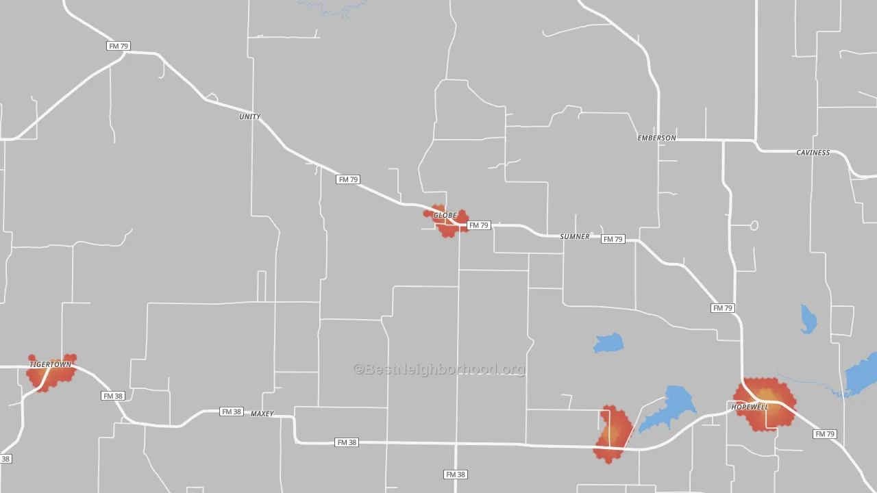 Walk Grade map of Sumner, TX, walkable areas in green and car-dependent areas in red