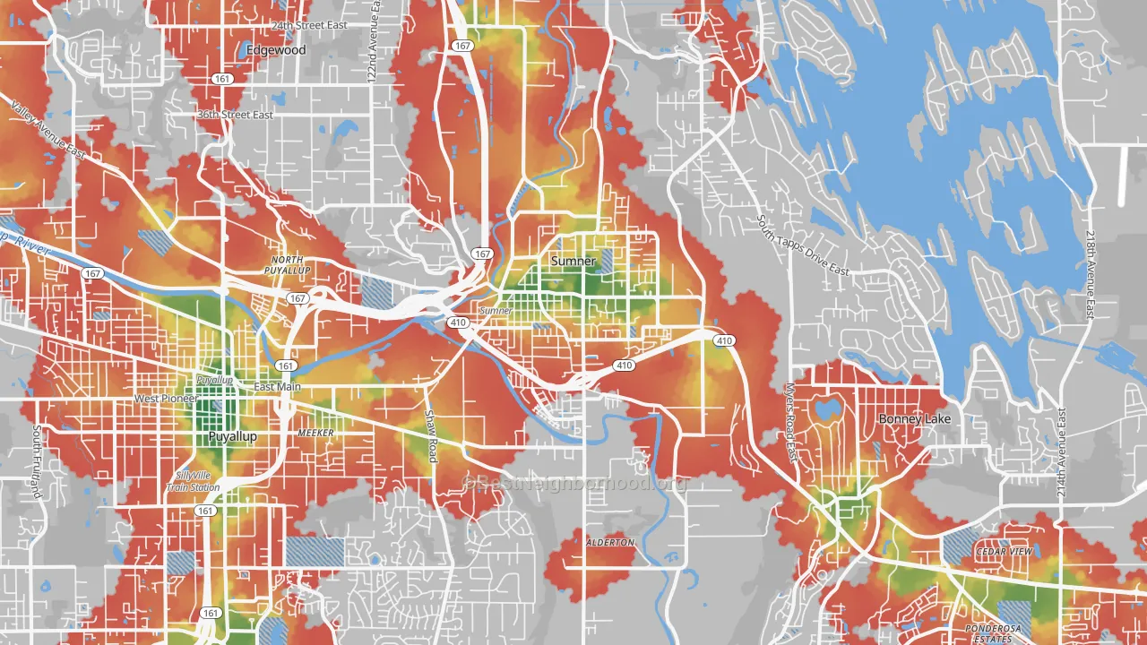 Walk Grade map of Sumner, WA, walkable areas in green and car-dependent areas in red
