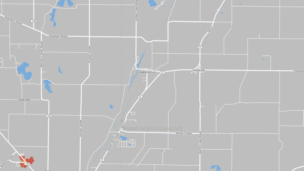 Walk Grade map of Sumnerville, MI, walkable areas in green and car-dependent areas in red