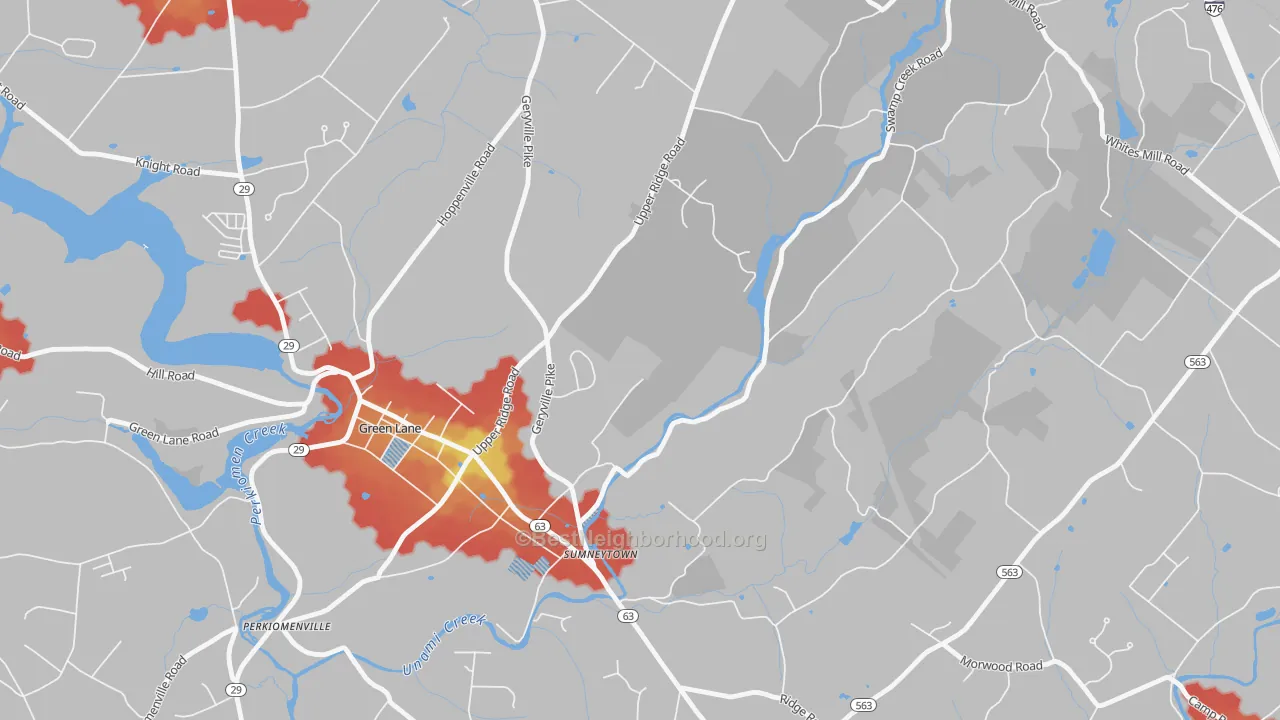 Walk Grade map of Sumneytown, PA, walkable areas in green and car-dependent areas in red