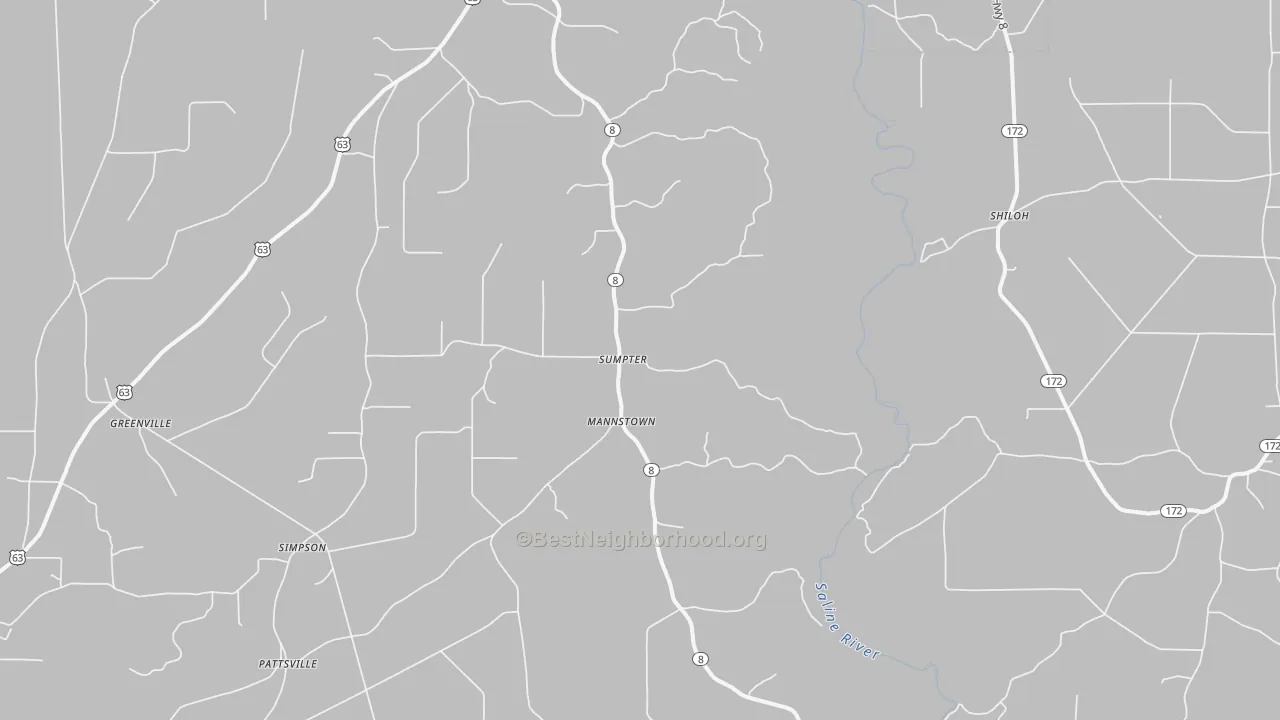 Walk Grade map of Sumpter, AR, walkable areas in green and car-dependent areas in red