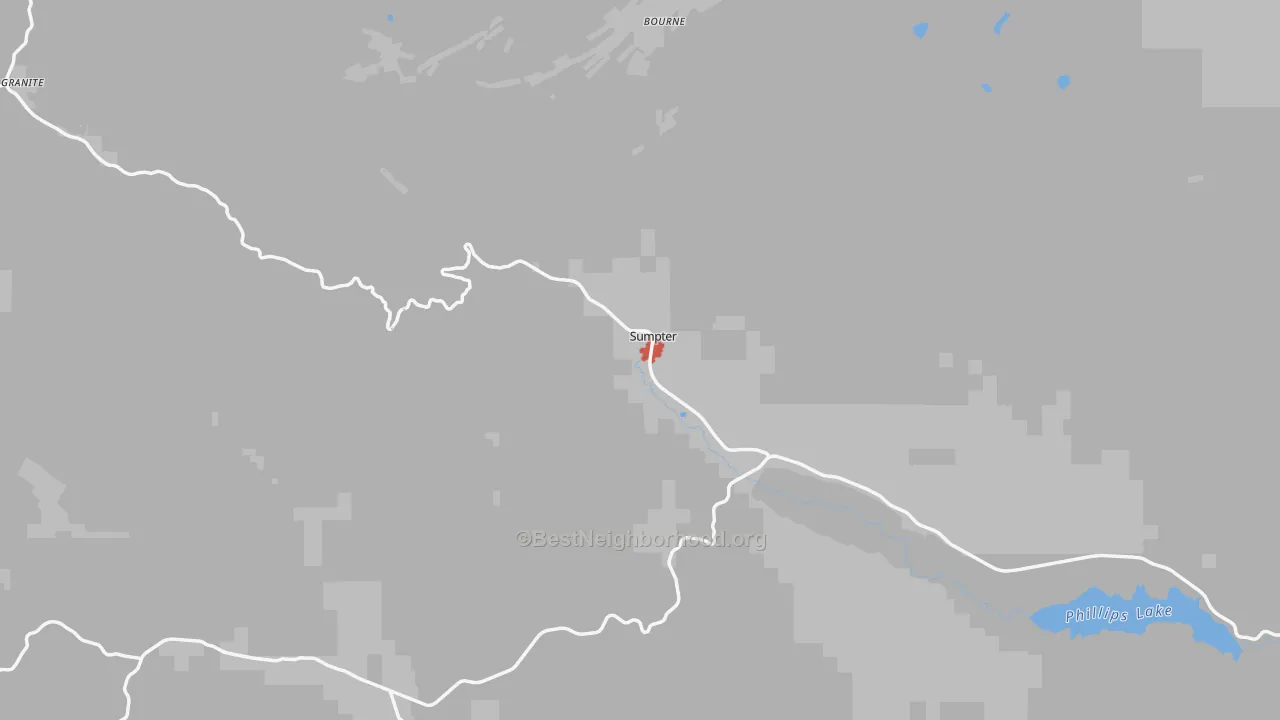 Walk Grade map of Sumpter, OR, walkable areas in green and car-dependent areas in red