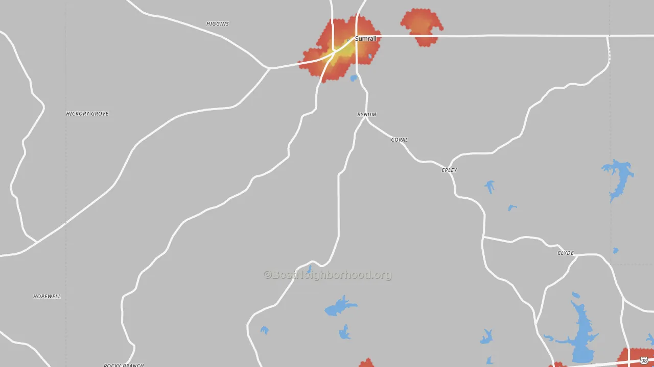 Walk Grade map of Sumrall, MS, walkable areas in green and car-dependent areas in red