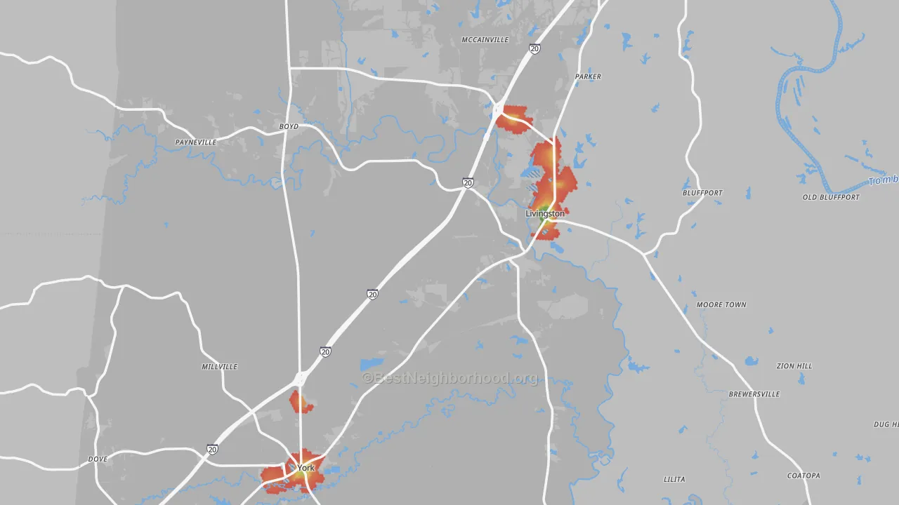Walk Grade map of Sumter County, AL, walkable areas in green and car-dependent areas in red