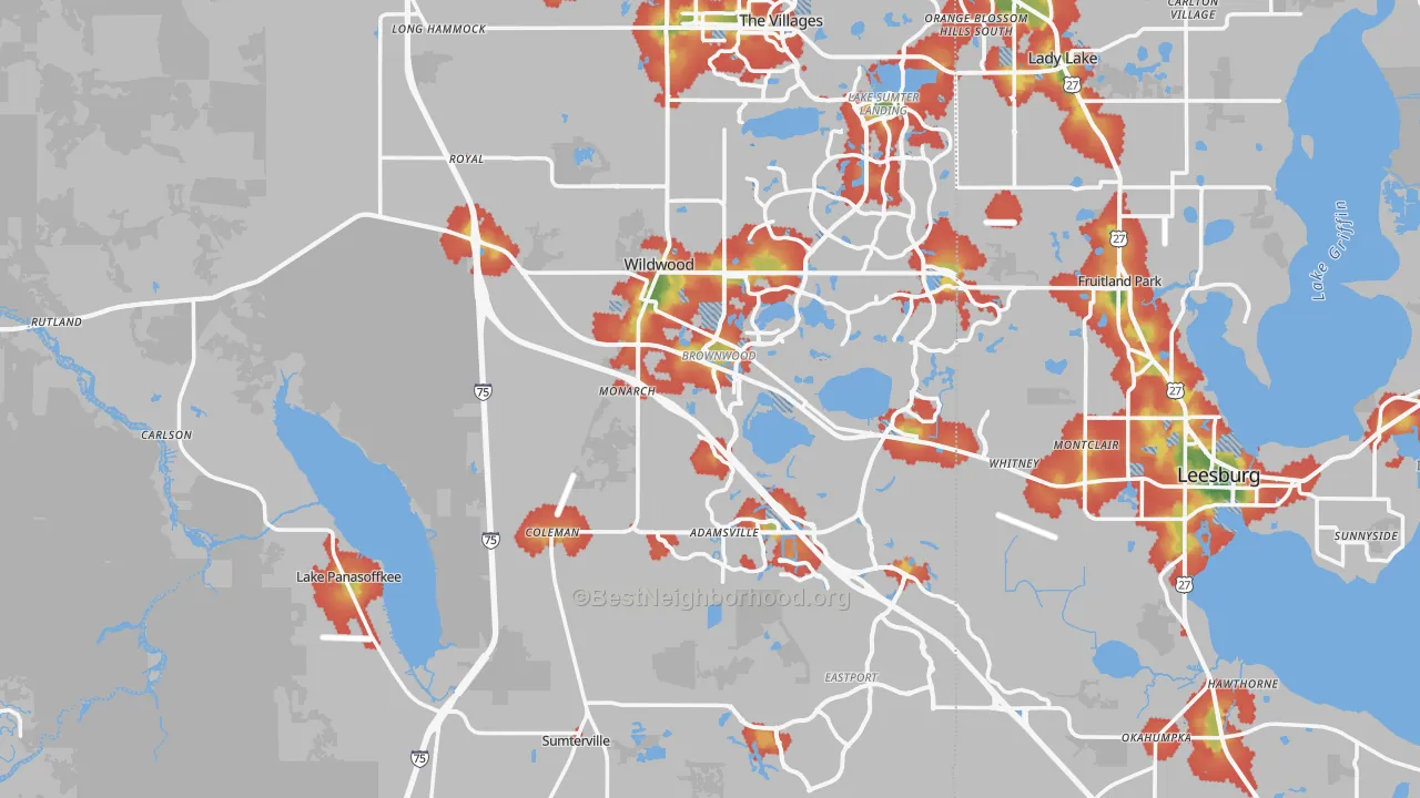 Walk Grade map of Sumter County, FL, walkable areas in green and car-dependent areas in red