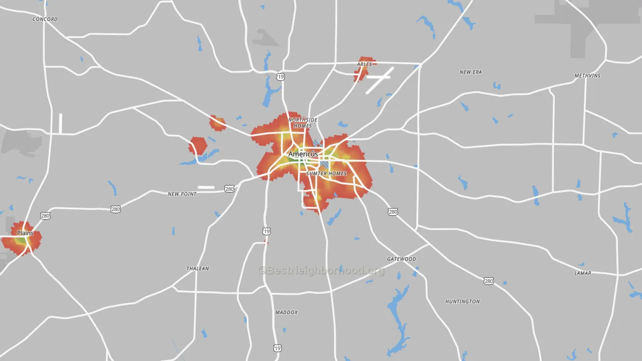 Walk Grade map of Sumter County, GA, walkable areas in green and car-dependent areas in red