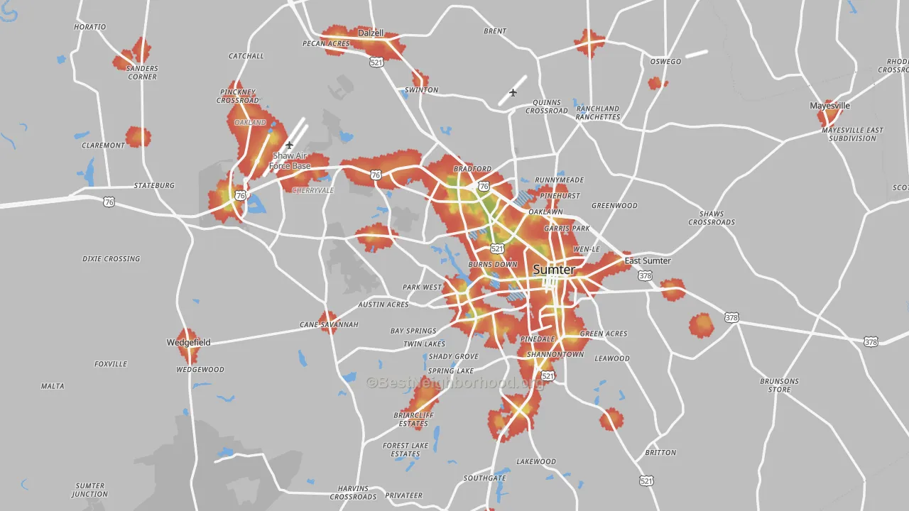 Walk Grade map of Sumter County, SC, walkable areas in green and car-dependent areas in red