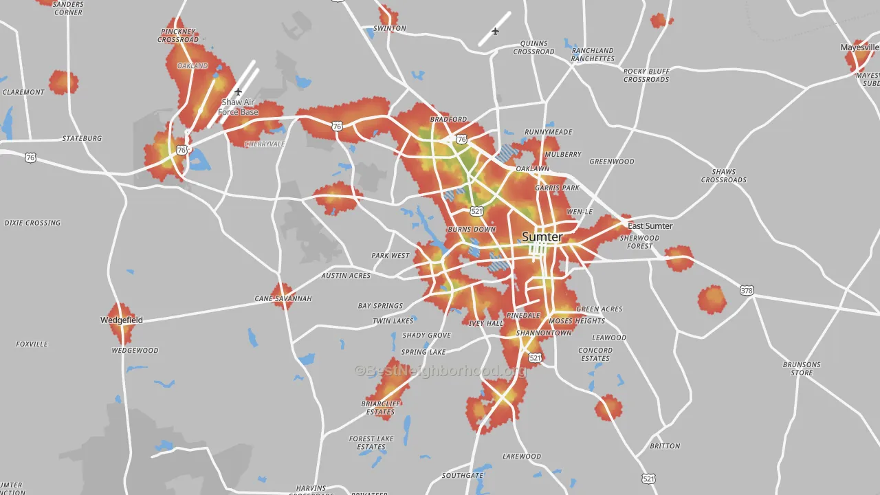 Walk Grade map of Sumter, SC, walkable areas in green and car-dependent areas in red