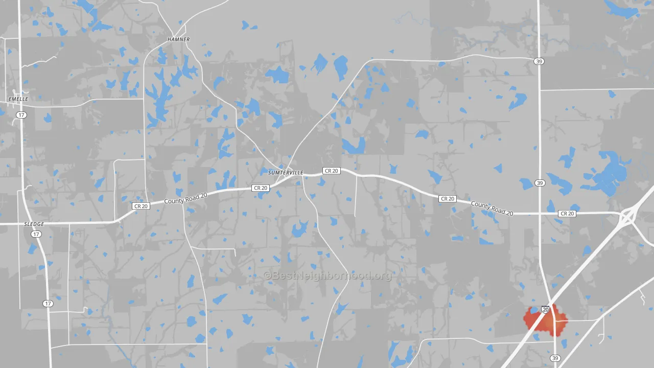Walk Grade map of Sumterville, AL, walkable areas in green and car-dependent areas in red