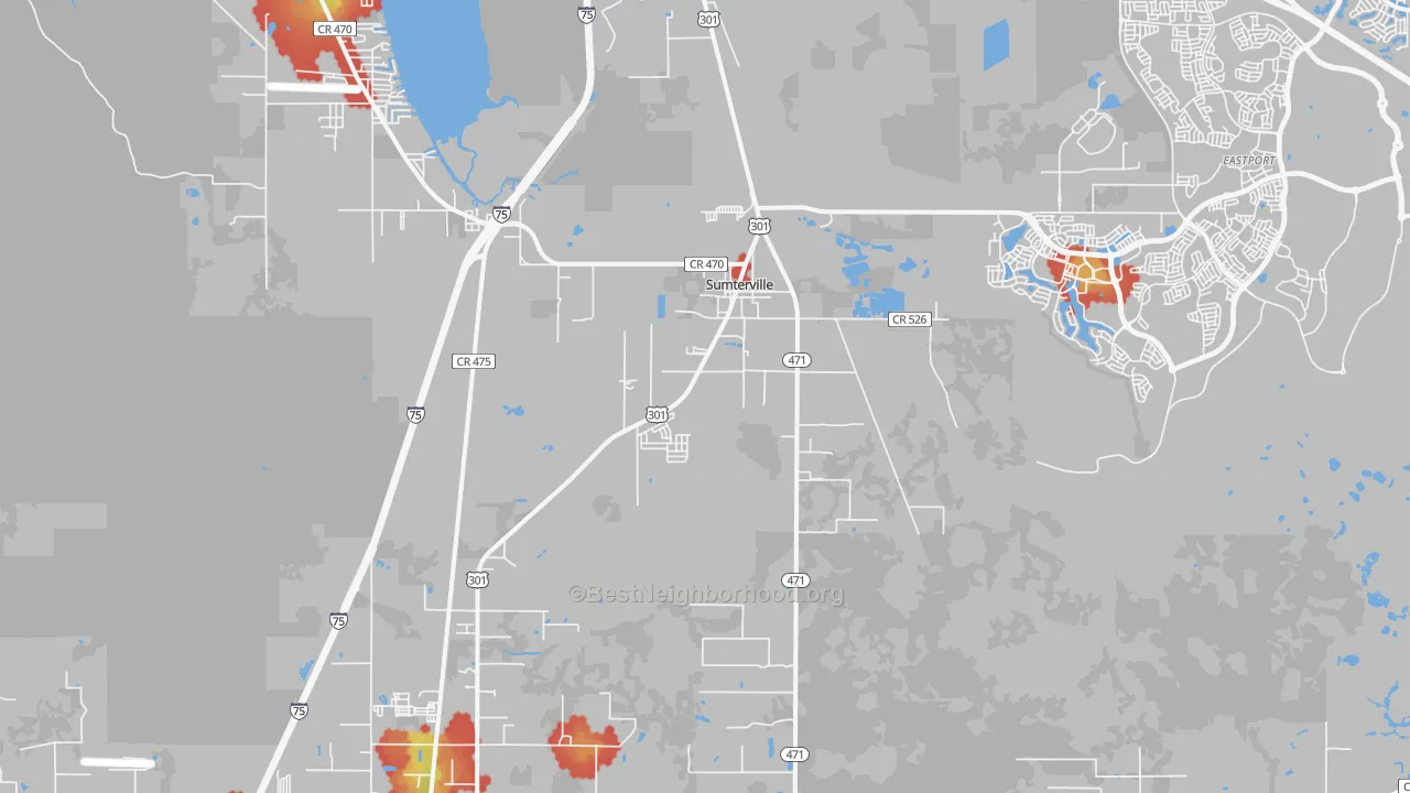 Walk Grade map of Sumterville, FL, walkable areas in green and car-dependent areas in red