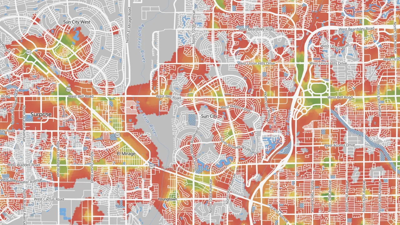 Walk Grade map of Sun City, AZ, walkable areas in green and car-dependent areas in red