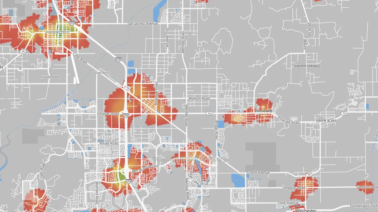 Walk Grade map of Sun City, CA, walkable areas in green and car-dependent areas in red