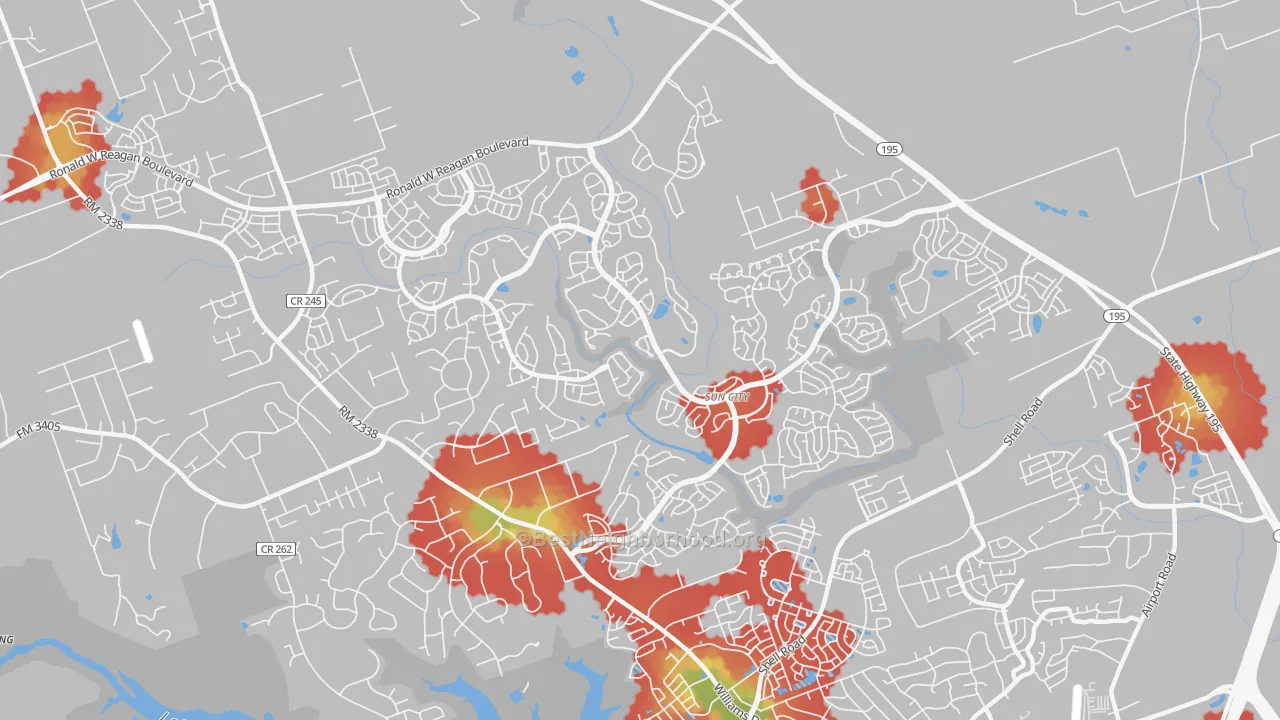 Walk Grade map of Sun City, Georgetown, TX, walkable areas in green and car-dependent areas in red