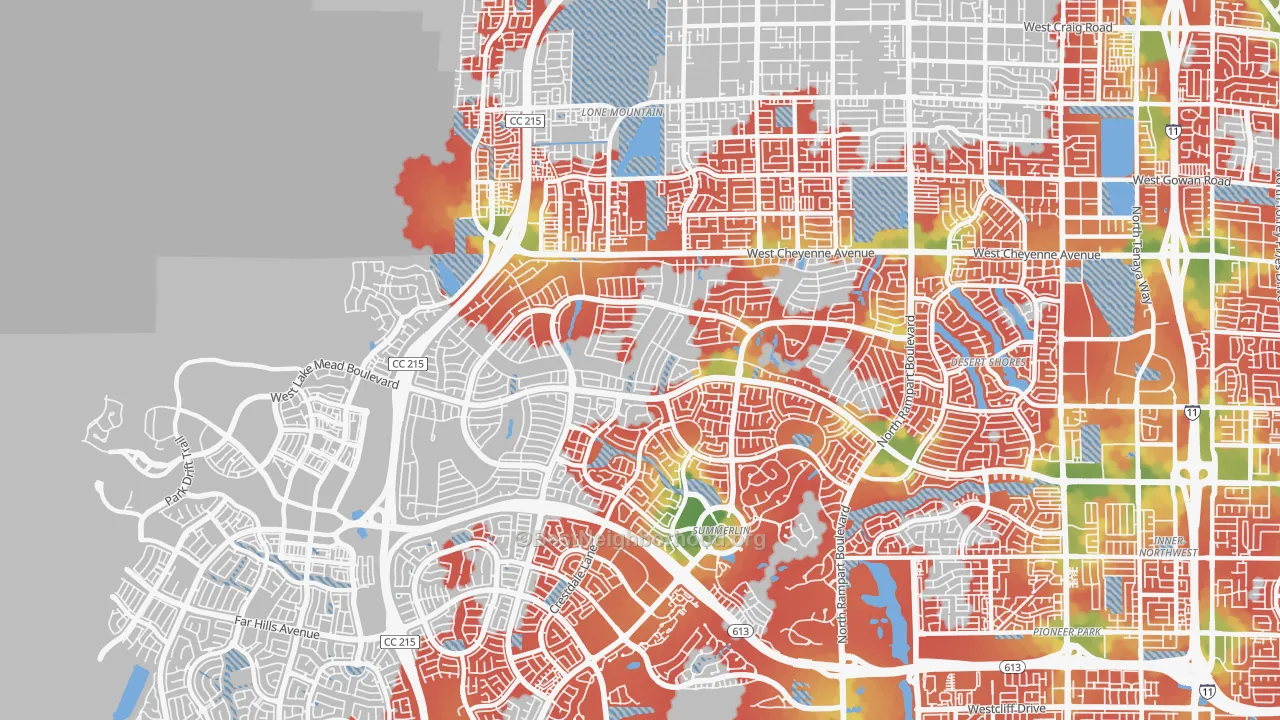 Walk Grade map of Sun City Summerlin, Las Vegas, NV, walkable areas in green and car-dependent areas in red