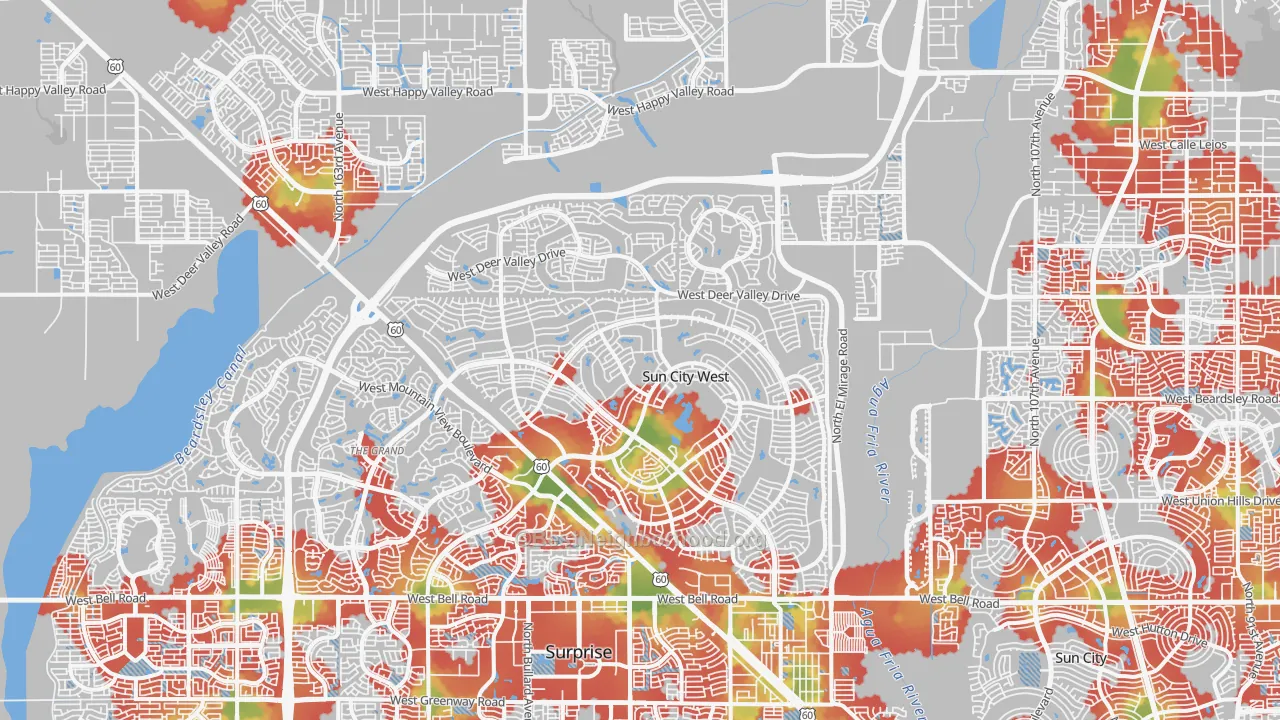Walk Grade map of Sun City West, AZ, walkable areas in green and car-dependent areas in red
