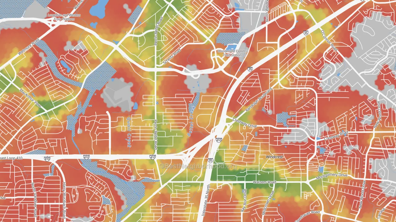 Walk Grade map of Sun Gate, San Antonio, TX, walkable areas in green and car-dependent areas in red