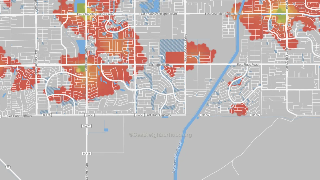 Walk Grade map of Sun Groves, Chandler, AZ, walkable areas in green and car-dependent areas in red