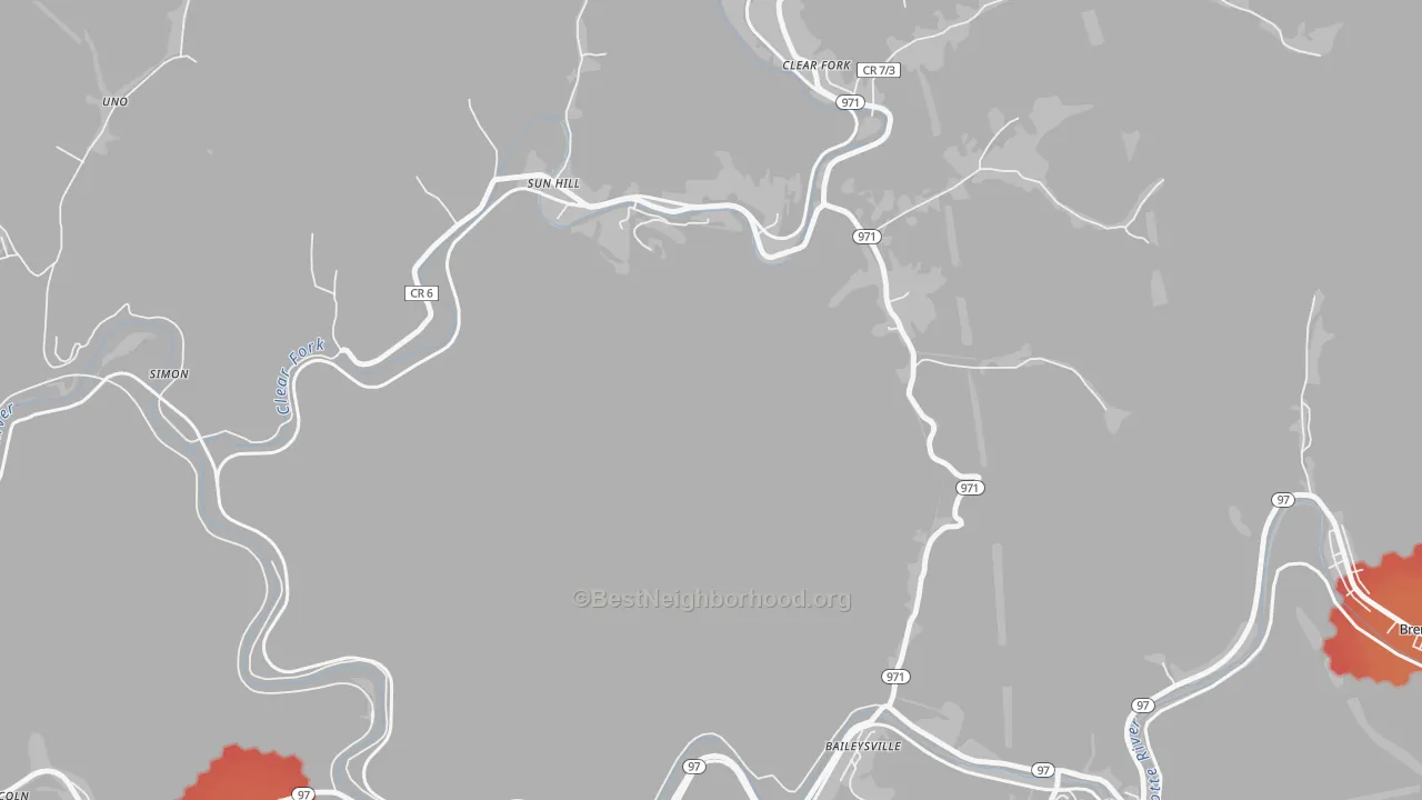 Walk Grade map of Sun Hill, WV, walkable areas in green and car-dependent areas in red