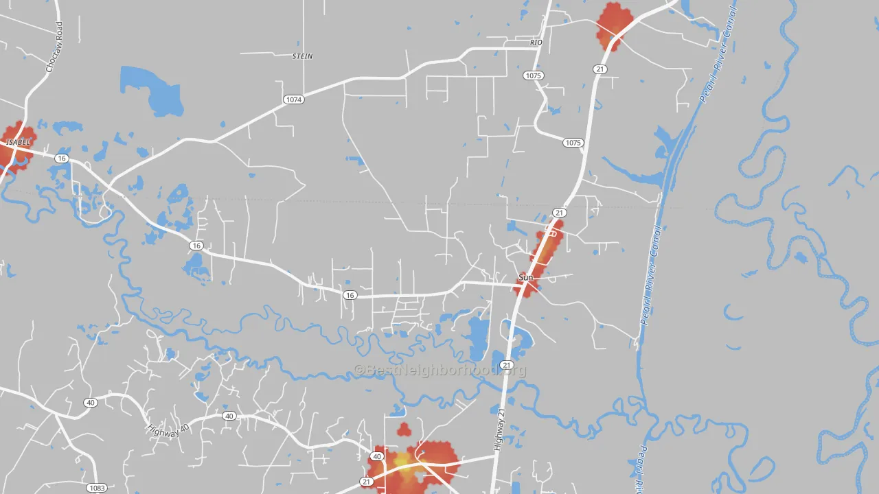 Walk Grade map of Sun, LA, walkable areas in green and car-dependent areas in red