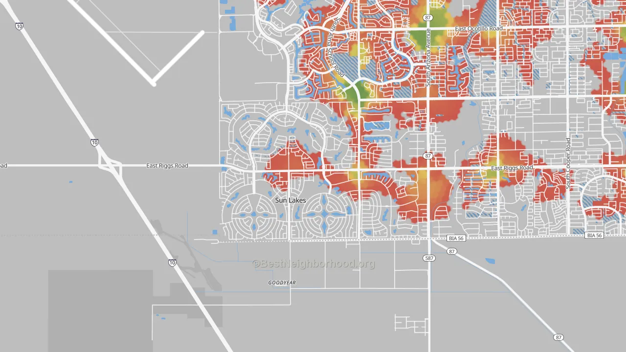 Walk Grade map of Sun Lakes, AZ, walkable areas in green and car-dependent areas in red