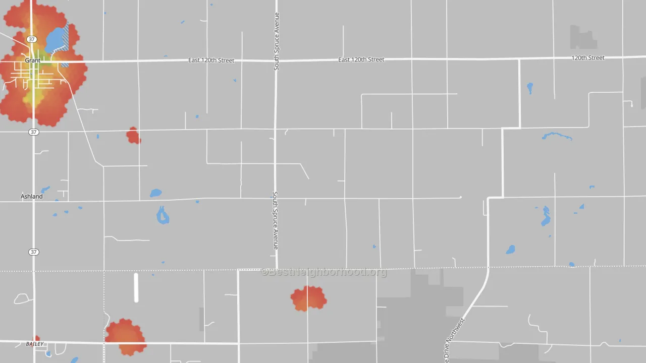 Walk Grade map of Sun, MI, walkable areas in green and car-dependent areas in red
