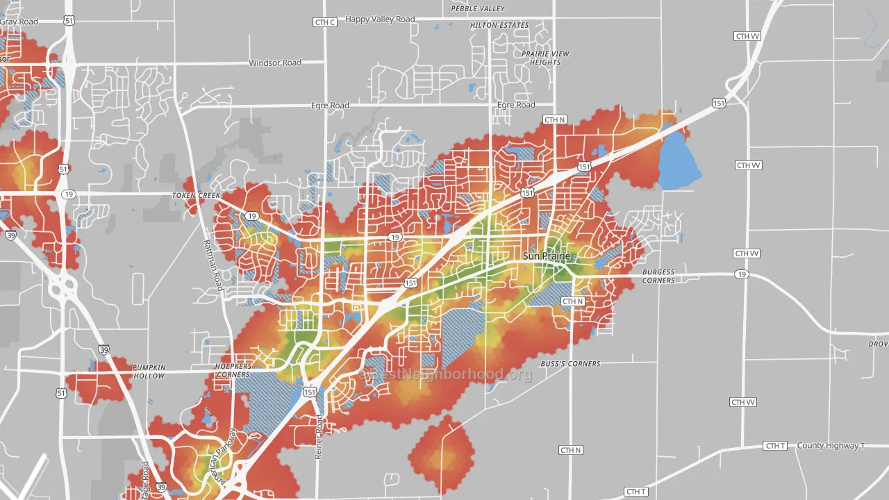 Walk Grade map of Sun Prairie, WI, walkable areas in green and car-dependent areas in red