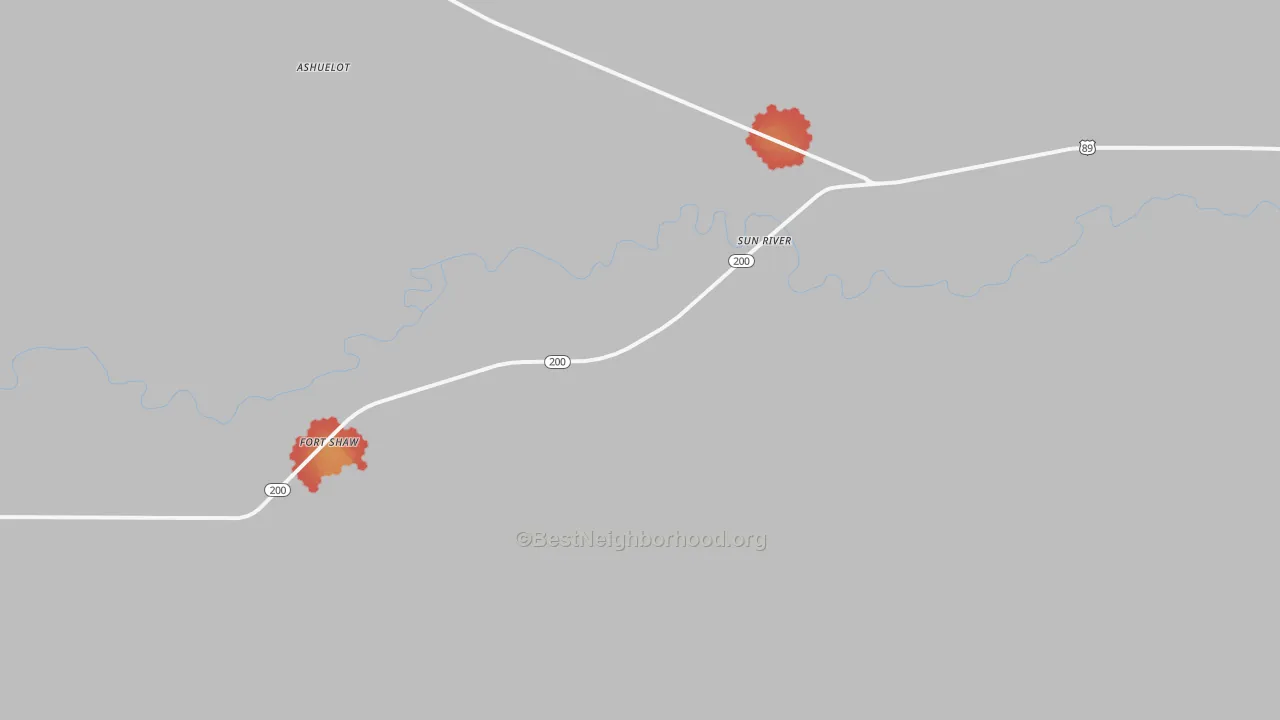 Walk Grade map of Sun River, MT, walkable areas in green and car-dependent areas in red