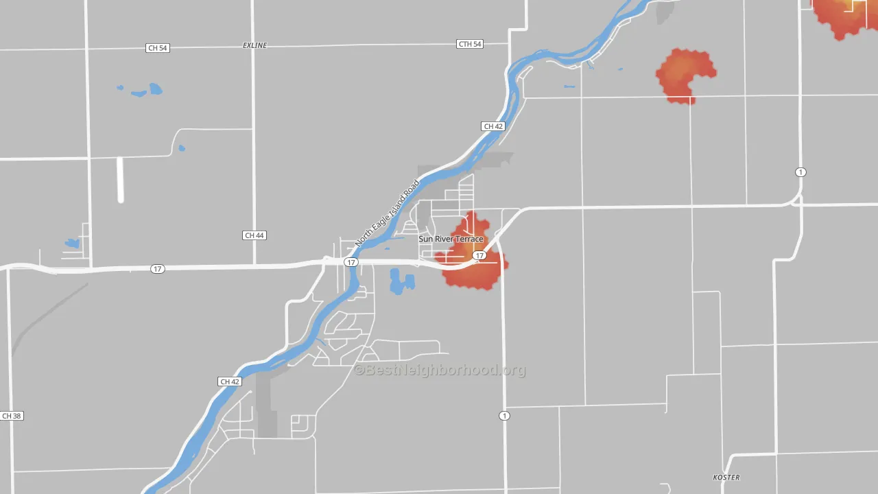 Walk Grade map of Sun River Terrace, IL, walkable areas in green and car-dependent areas in red