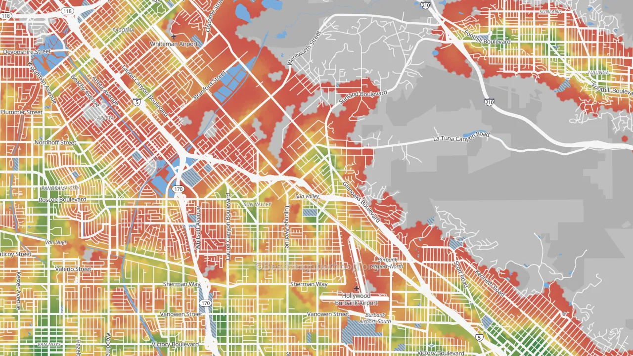 Walk Grade map of Sun Valley, CA, walkable areas in green and car-dependent areas in red