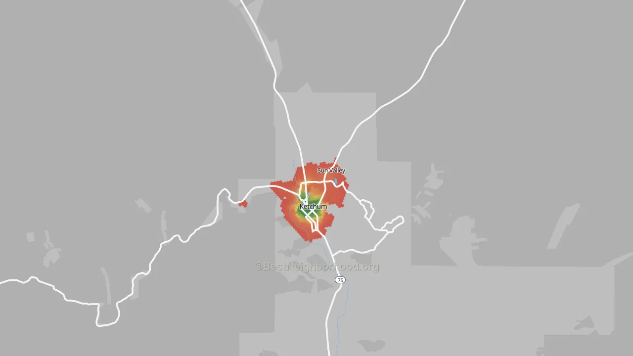 Walk Grade map of Sun Valley, ID, walkable areas in green and car-dependent areas in red