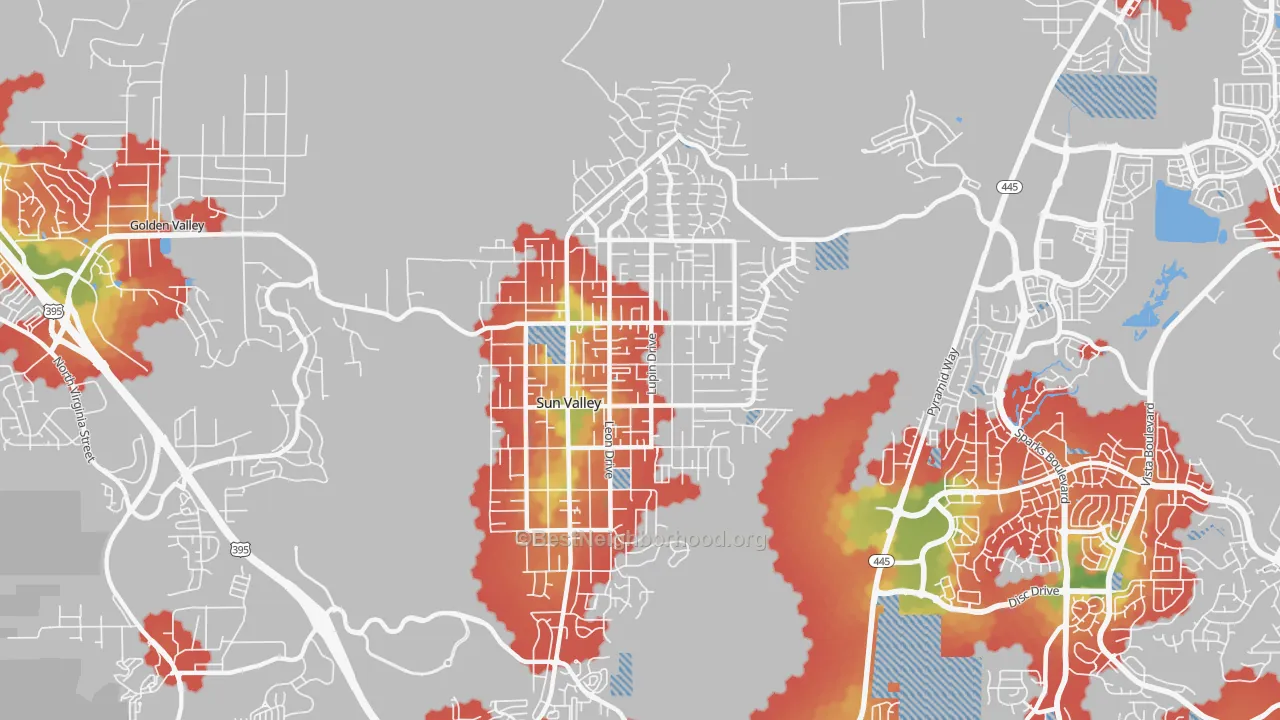 Walk Grade map of Sun Valley, NV, walkable areas in green and car-dependent areas in red