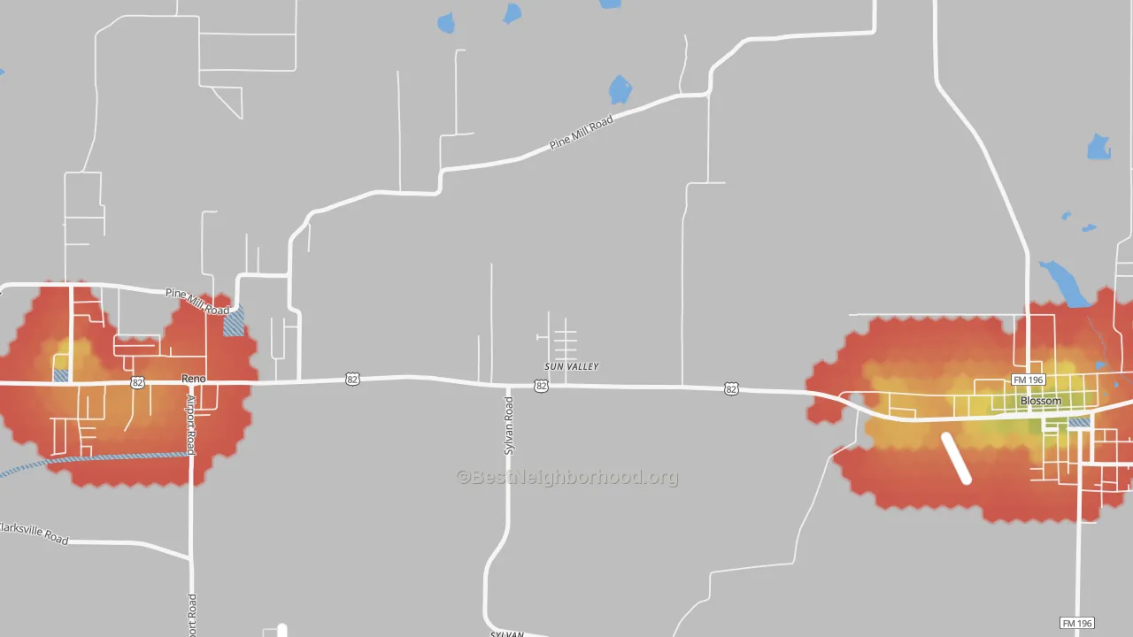 Walk Grade map of Sun Valley, TX, walkable areas in green and car-dependent areas in red