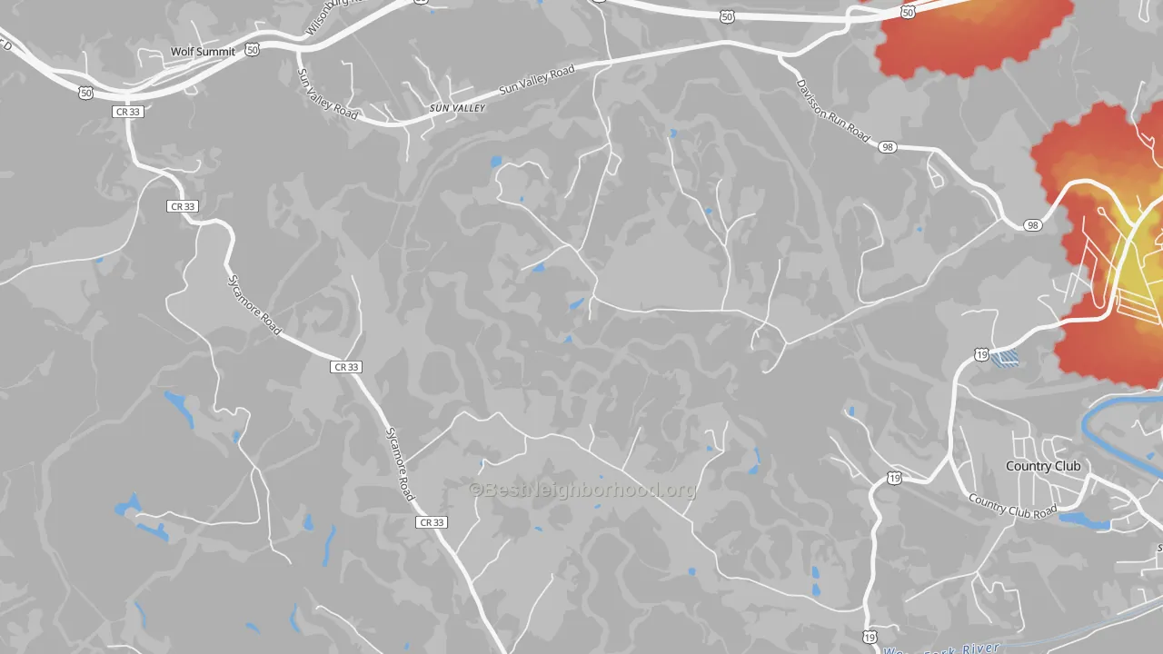 Walk Grade map of Sun Valley, WV, walkable areas in green and car-dependent areas in red