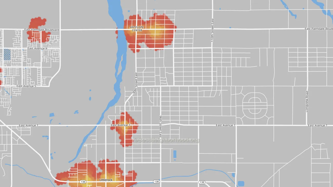 Walk Grade map of Sun Village, CA, walkable areas in green and car-dependent areas in red
