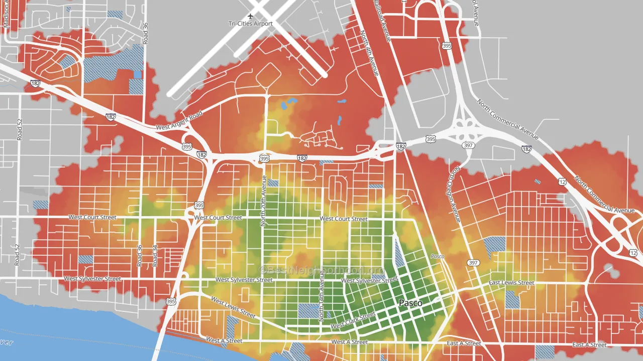 Walk Grade map of Sun Willows, Pasco, WA, walkable areas in green and car-dependent areas in red