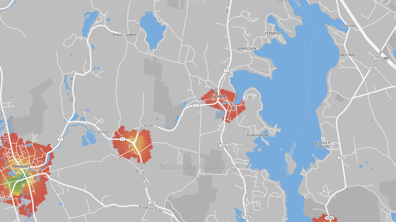 Walk Grade map of Sunapee, NH, walkable areas in green and car-dependent areas in red