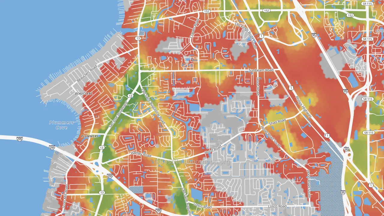 Walk Grade map of Sunbeam, Jacksonville, FL, walkable areas in green and car-dependent areas in red