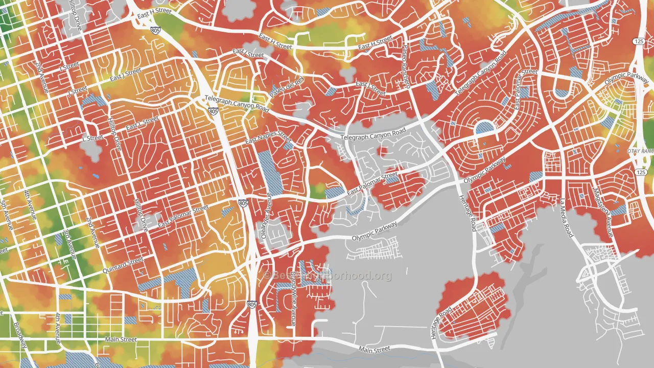 Walk Grade map of Sunbow, Chula Vista, CA, walkable areas in green and car-dependent areas in red