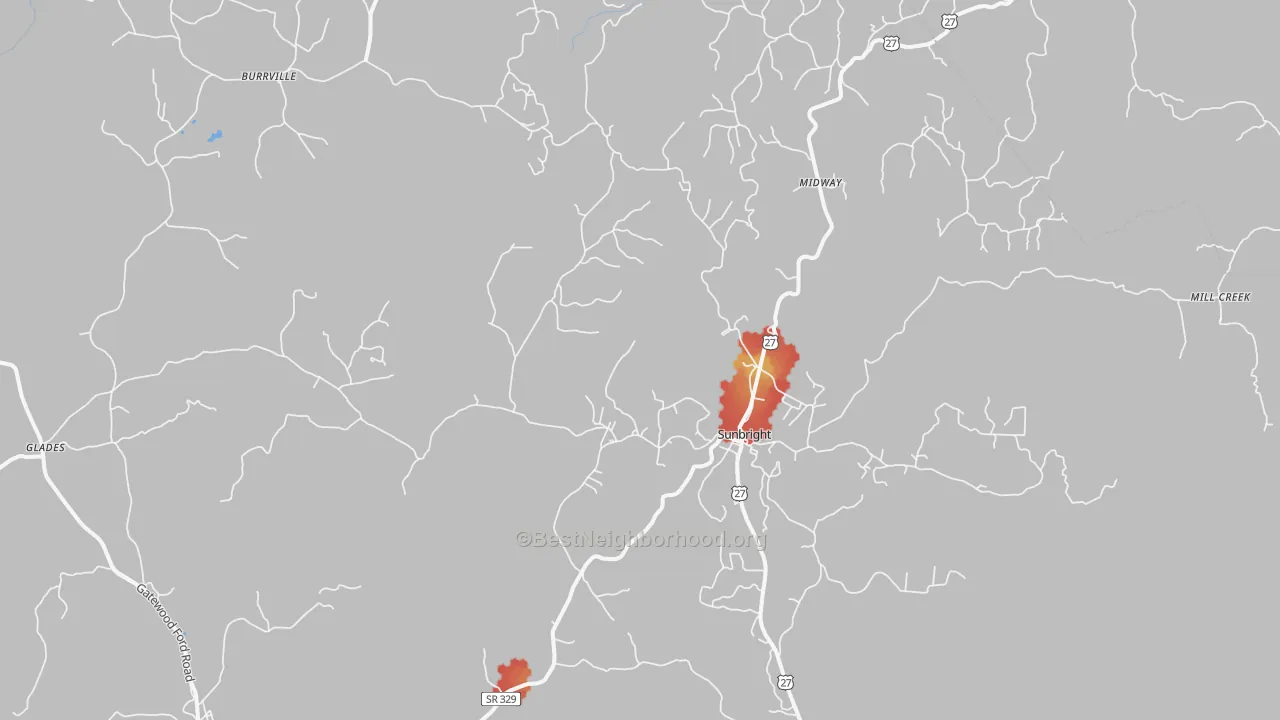 Walk Grade map of Sunbright, TN, walkable areas in green and car-dependent areas in red