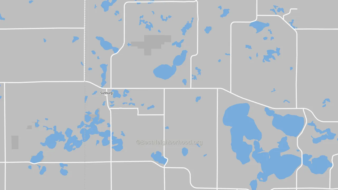 Walk Grade map of Sunburg, MN, walkable areas in green and car-dependent areas in red