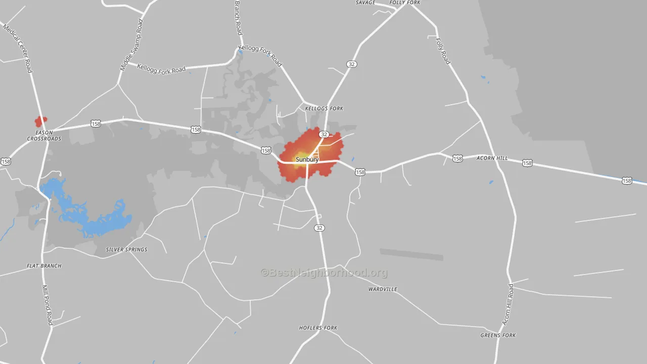 Walk Grade map of Sunbury, NC, walkable areas in green and car-dependent areas in red