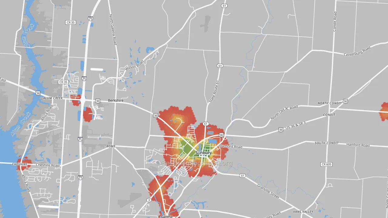 Walk Grade map of Sunbury, OH, walkable areas in green and car-dependent areas in red