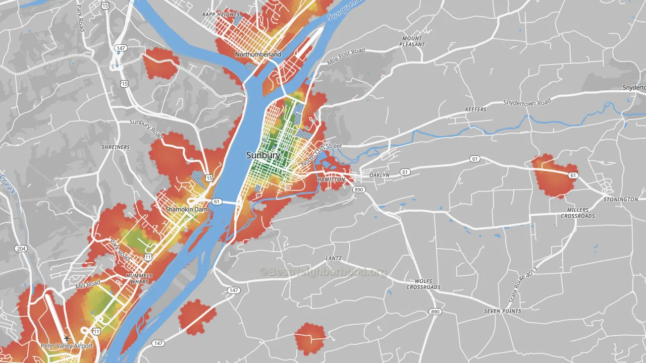 Walk Grade map of Sunbury, PA, walkable areas in green and car-dependent areas in red