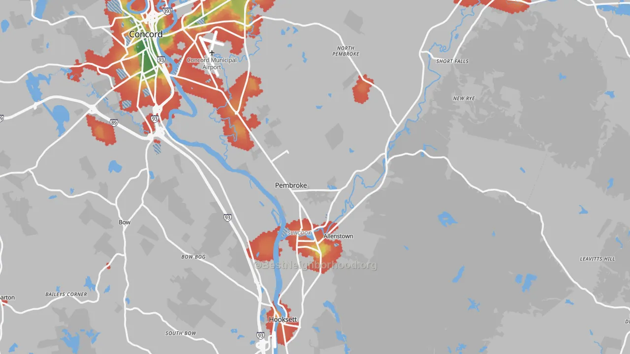 Walk Grade map of Suncook, NH, walkable areas in green and car-dependent areas in red