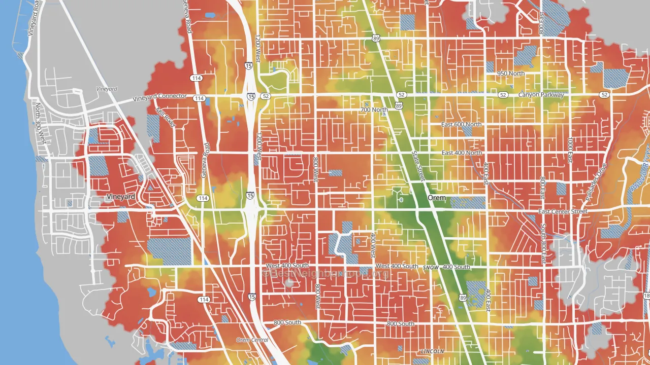 Walk Grade map of Suncrest, Orem, UT, walkable areas in green and car-dependent areas in red