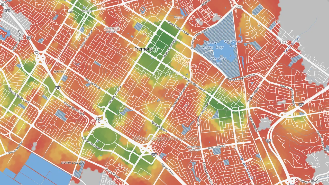 Walk Grade map of Sundale, Fremont, CA, walkable areas in green and car-dependent areas in red