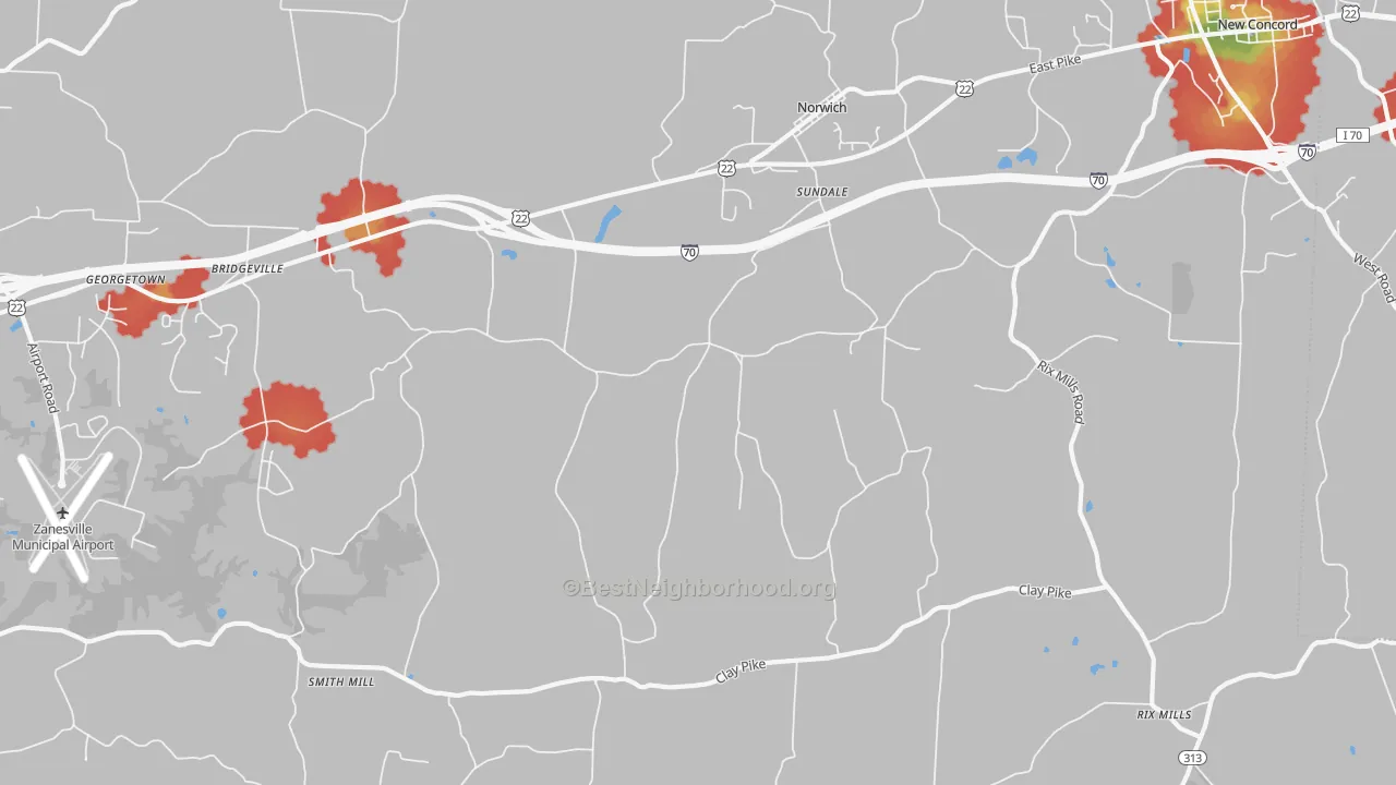 Walk Grade map of Sundale, OH, walkable areas in green and car-dependent areas in red