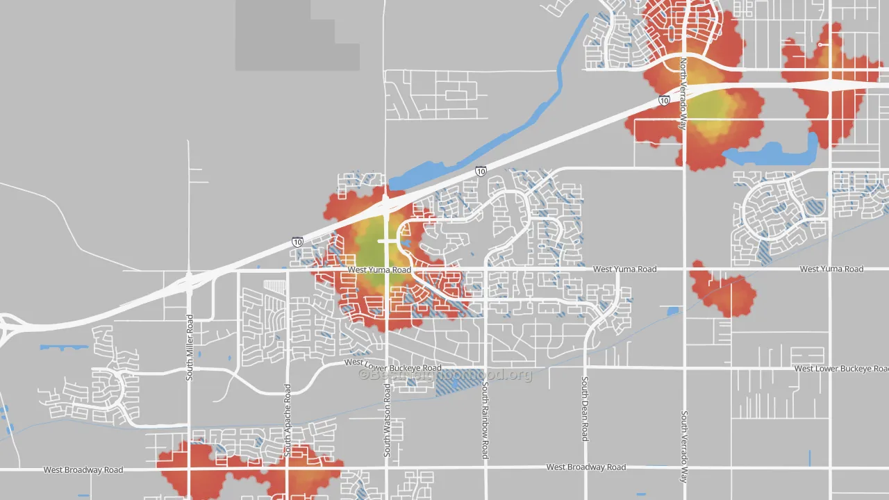 Walk Grade map of Sundance, Buckeye, AZ, walkable areas in green and car-dependent areas in red